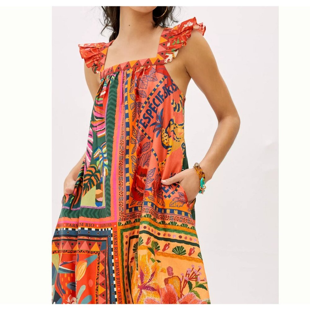 Anthropologie Farm Rio Mosaic Ruffle Midi Dress Size XS